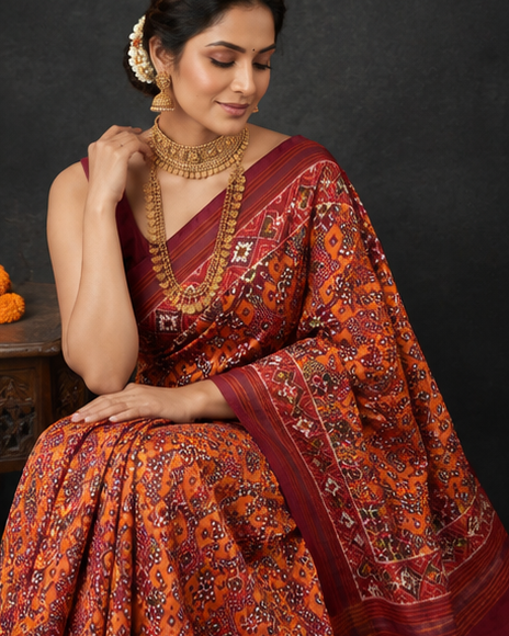 Maroon and Multi-Color Patola Saree with Traditional Geometric Patterns, Rich Red Pallu, and Silk Mark Certification