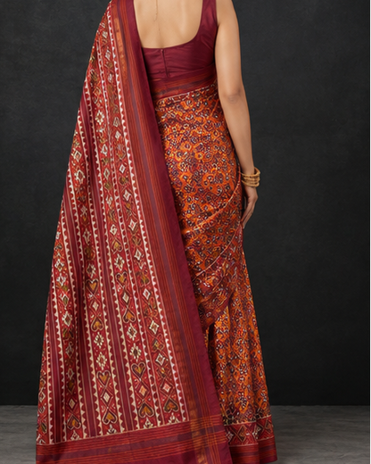 Maroon and Multi-Color Patola Saree with Traditional Geometric Patterns, Rich Red Pallu, and Silk Mark Certification