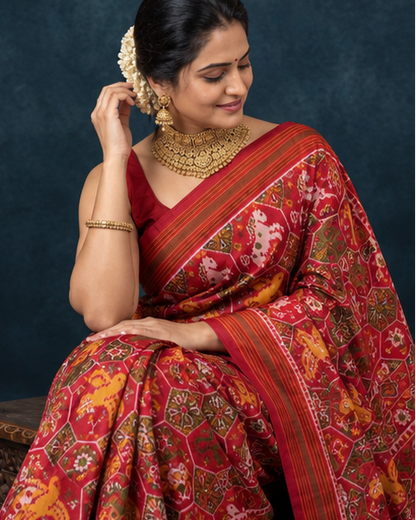 Red and Multi-Color Patola Saree with Traditional Animal Motifs, Rich Pallu, and Temple Set Styling