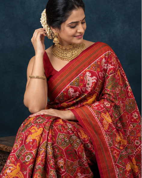 Red and Multi-Color Patola Saree with Traditional Animal Motifs, Rich Pallu, and Temple Set Styling