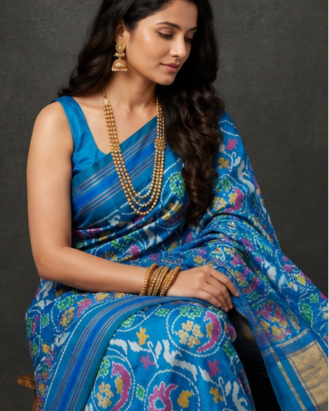 Sky Blue Patola Saree with Traditional Floral Motifs and Grid-Patterned Zari Pallu